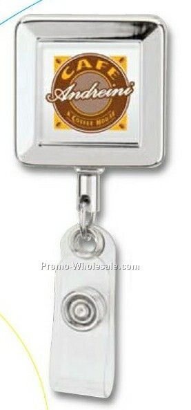 Square Chrome Finish Retractable Badge Holder W/ Standard Clip