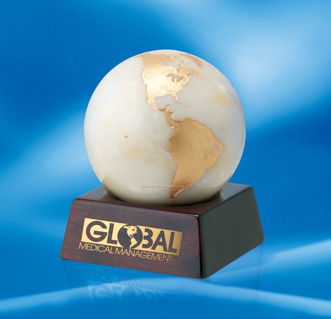 3-1/8"x4-1/4" Golden Continents Marble Globe Award With Wood Base