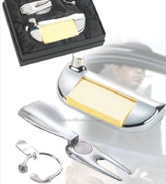 3 Piece Silver Golf Set W/ Memo Pad Holder/ Shoe Horn/ Divot Tool/ Key Ring