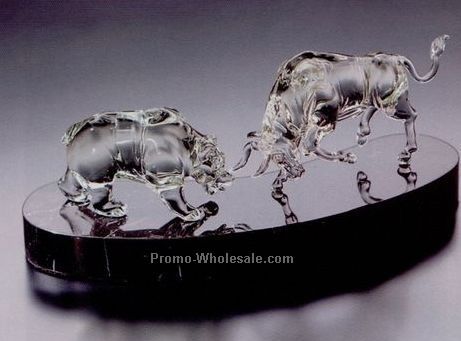 6"x13" Hand Blown Crystal Bull & Bear Sculpture W/ Marble Base