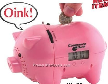 7-1/4"x4-1/2"x3-3/4" AM/FM Clock Radio Piggy Bank With "oink" Sound