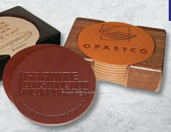 8 Pc. Leather Coaster Set W/ Natural Walnut Or Black Finish Bases