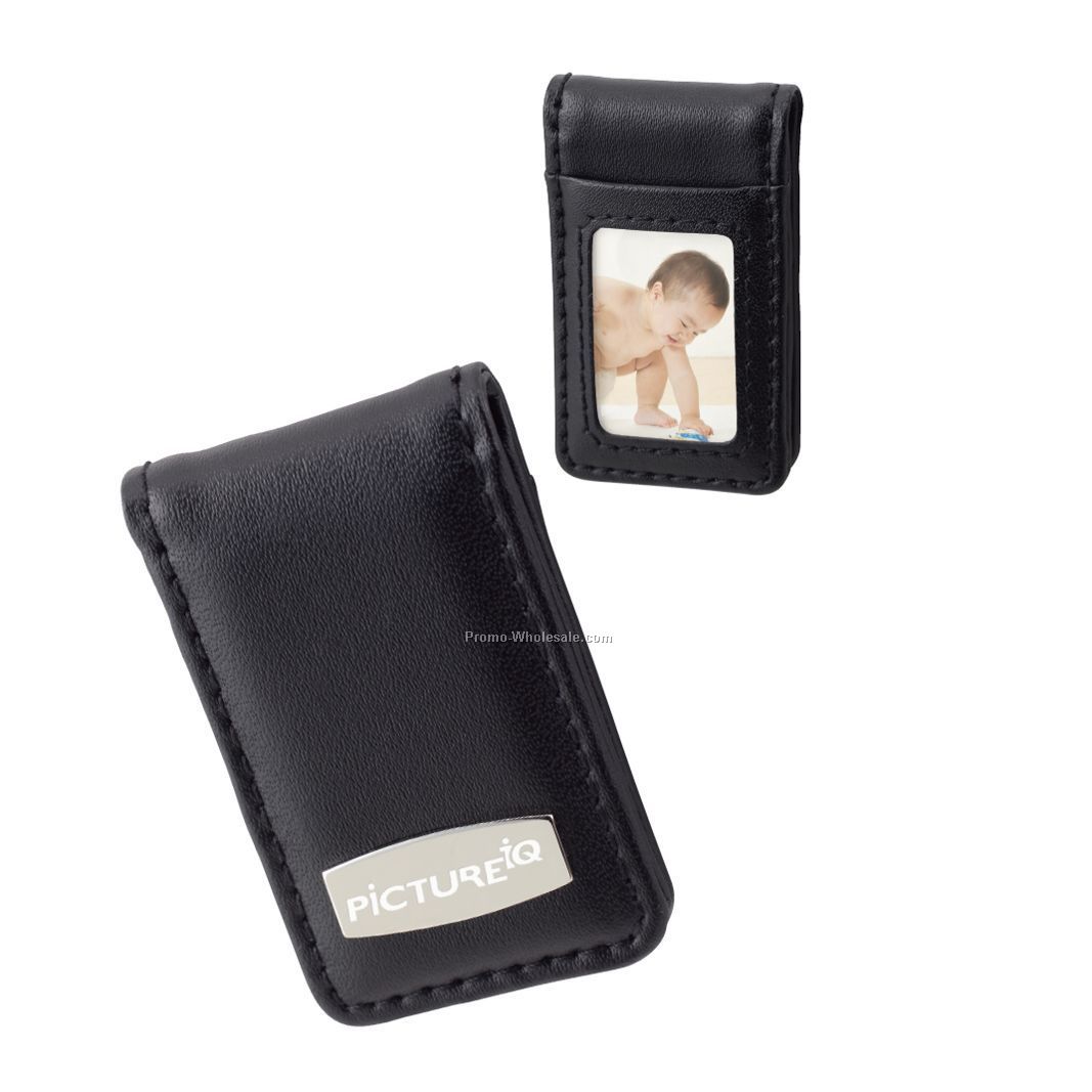 Black Leather Money Clip With 7/8"x1-1/4" Photo Frame