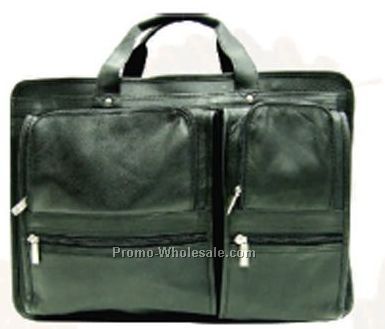 Black Stone Wash Cowhide Extra Large Portfolio Briefcase W/Front Organizer