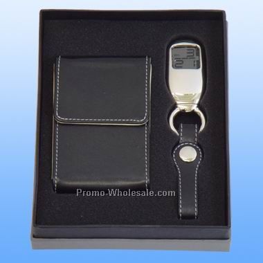 Gift Set W/ LED Key Chain And Card Holder - Leather - Laser Engraved