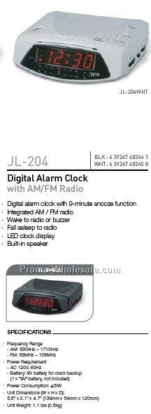 Jwin AM/FM Alarm Clock Radio Blk