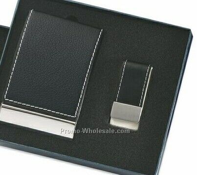 Leatherette Metal Card Case With Contrast Stitching & Money Clip - Black