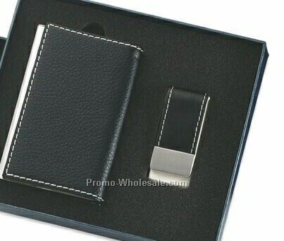 Leatherette Metal Card Case With Money Clip - Black