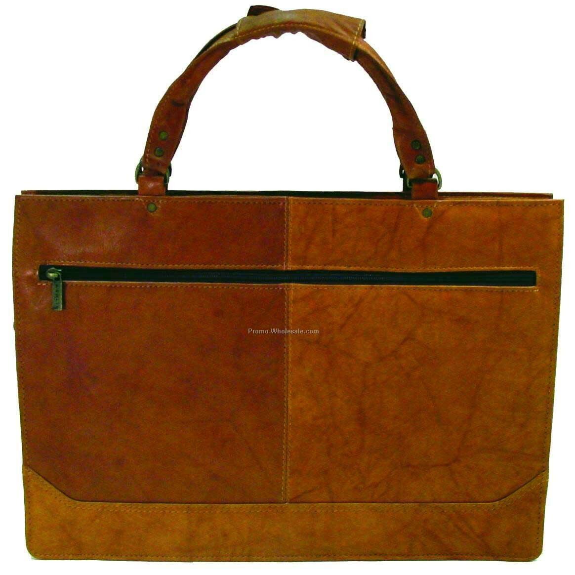 Medium Brown Slim Cowhide Briefcase W/Double Handle & Shoulder Strap