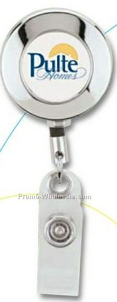 Round Chrome Finish Retractable Badge Holder W/ Standard Clip