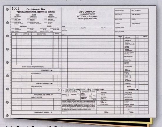 11"x8-1/2" 3 Part Auto Repair Form W/ Carbons