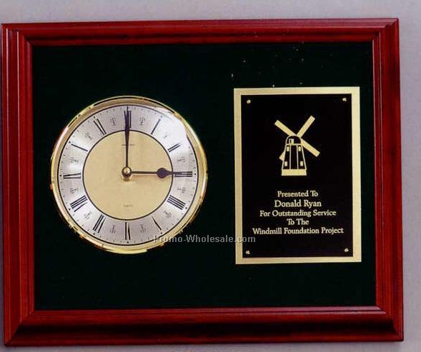 13"x16" Horizontal Cherry Framed Clock Plaque W/Glass Domed Dial