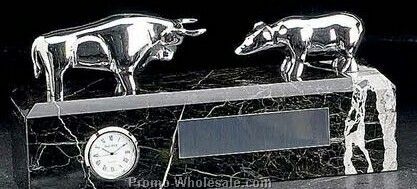 4-1/2"x9-3/4"x2-1/2" Silver Bull & Bear Sculpture With Clock On Marble