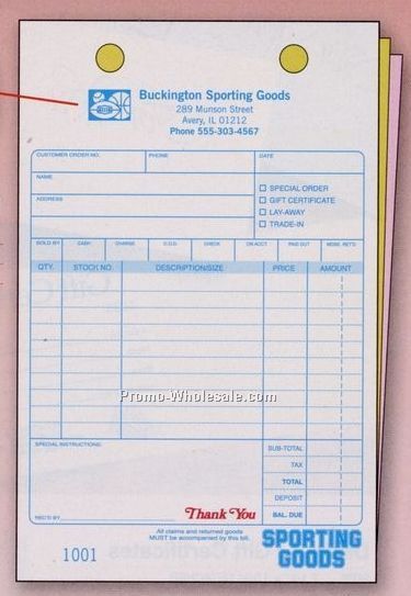 5-1/2"x8-1/2" 3 Part Sporting Goods Register Form