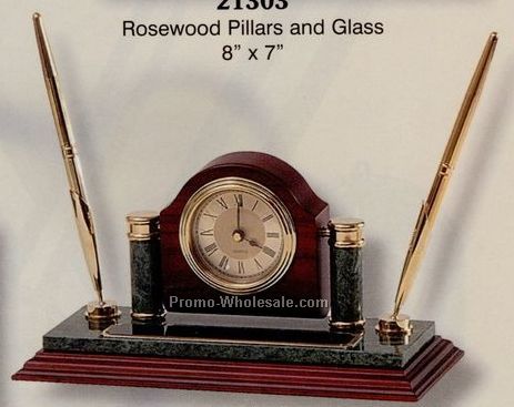 5"x15" Green Marble And Rosewood Clock And Pen Holder