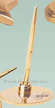 7-1/4"x4-1/4"x3" Gold Plated Oval Pen Holder W/ Brass Pen (Screened)