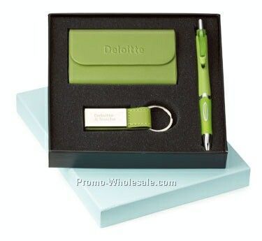 Axis Ballpoint Pen, Leather Card Holder & Leatherette Key Ring Set