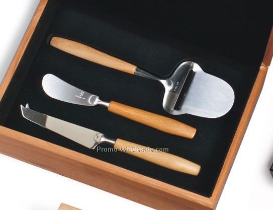 Elegant Cheese Knife Gift Set In Natural Wood Box