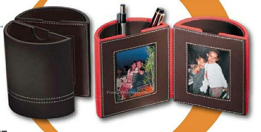 Florentine Napa Leather Round Desktop Photo Frame/ Pen & Pencil Box