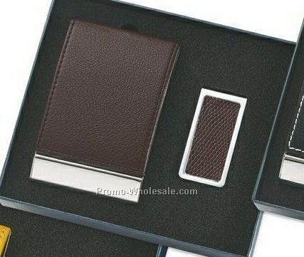 Leatherette Metal Card Case With Contrast Stitching & Money Clip - Brown