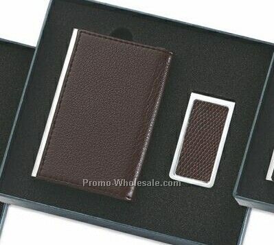 Leatherette Metal Card Case With Money Clip - Brown