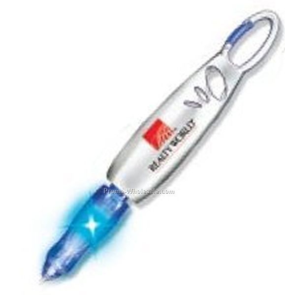 Light Up Pen W/ Carabiner Clip (Silver/ Blue Led)