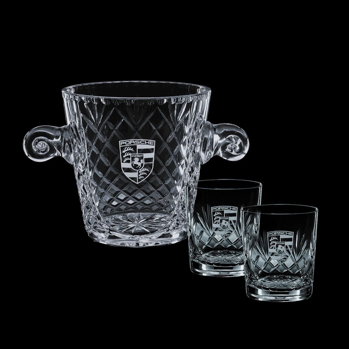 Medallion Ice Bucket & 2 On-the-rocks Glasses