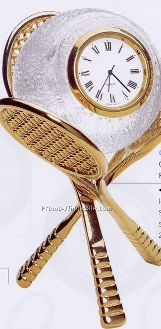 Minya Crystal Tennis Clock W/Gold Plated Racquet Stand