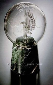 12-3/4"x8-1/4" Hand Blown Crystal Eagle In Globe Statue W/ Marble Base