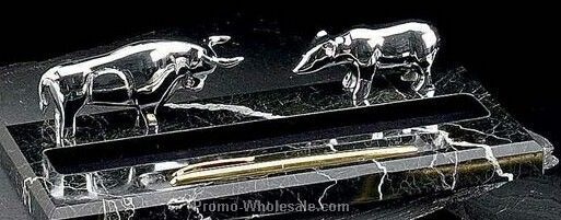 2-1/2"x11"x5-1/4" Silver Bull & Bear Marble Pen Holder