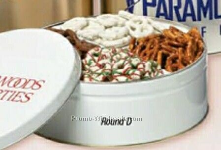 28 Oz. Custom Round Tin - Chocolate/Yogurt Pretzels Combo Pretzels