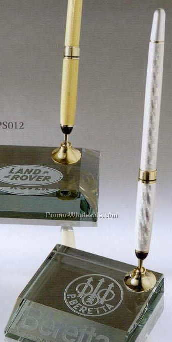 3/4"x3"x3-1/4" Jade Glass Pen Set W/ Gold Pen