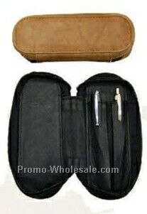 6-1/2cmx18cmx3-1/2cm Medium Brown Zippered Cowhide 2-pen Case W/Top Flap