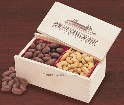 7 Oz. Chocolate Almonds & 5 Oz. Cashews In Wooden Box