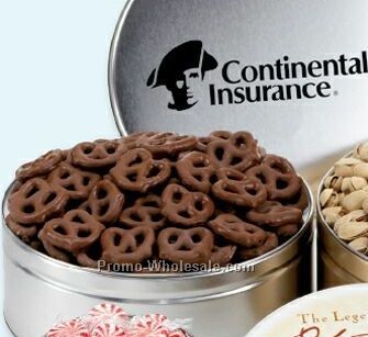 8-1/8"x3" Round Candy & Nut Tin - Chocolate Covered Pretzels