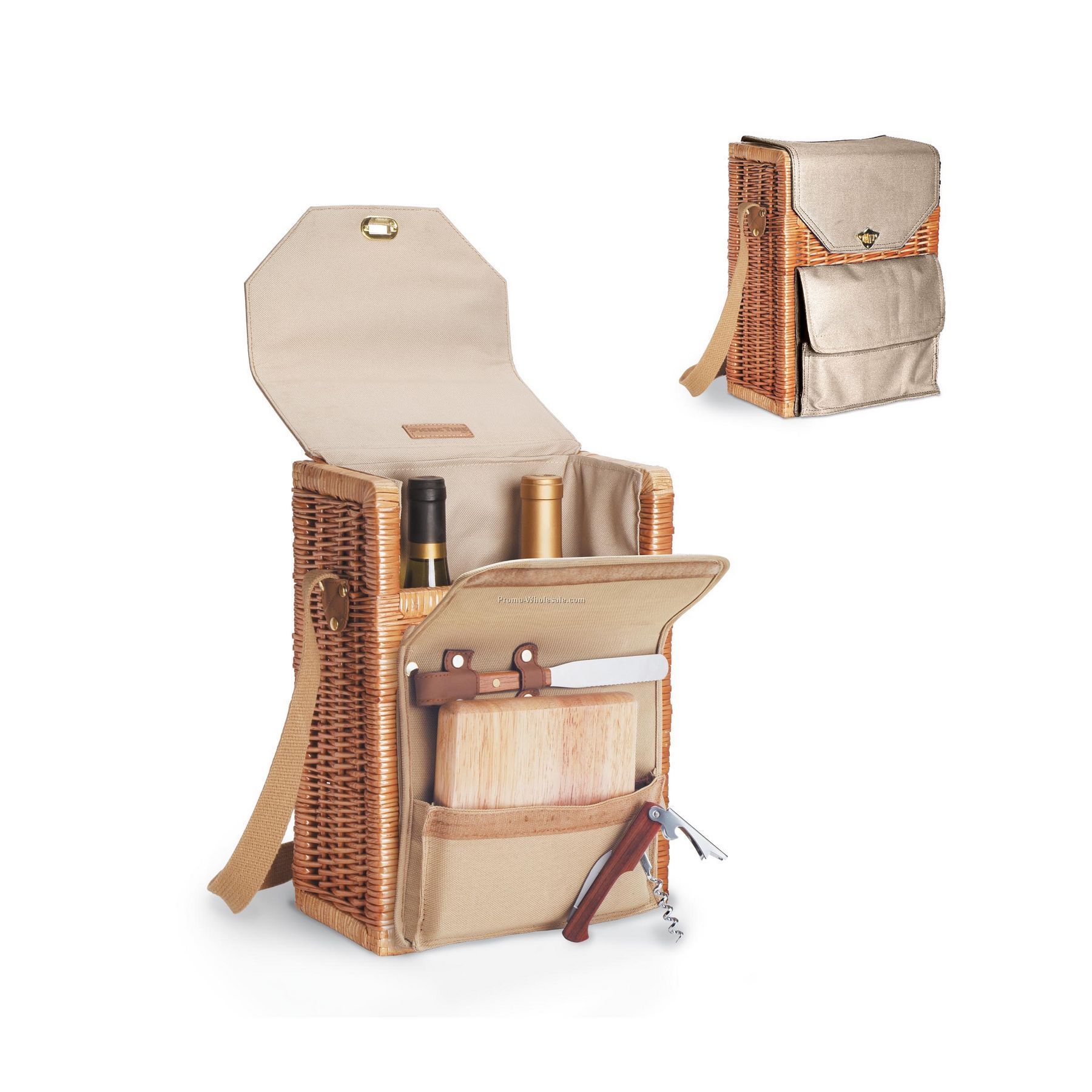 Corsica Insulated 2 Bottle Wine Basket With Cheese Service & Corkscrew