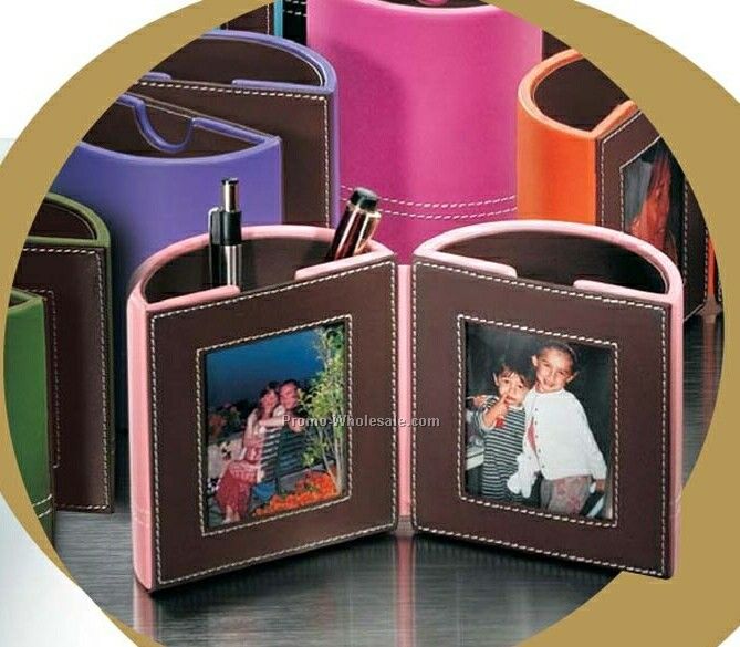 Florentine Napa Leather Round Desktop Photo Frame/ Pen & Pencil Box