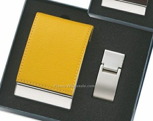 Leatherette Metal Card Case With Contrast Stitching & Money Clip - Yellow