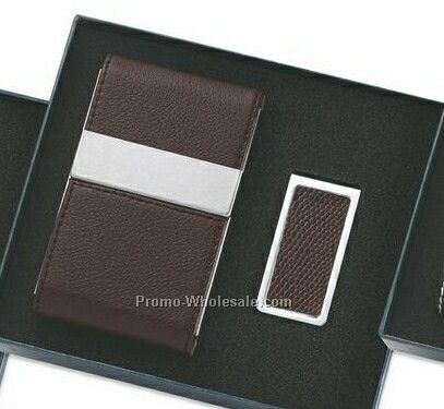 Leatherette Metal Card Case With Double Magnetic Flap & Money Clip - Brown