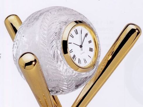 Minya Crystal Baseball Clock W/Gold Plated Baseball Bat Stand