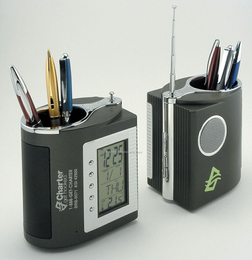 Multi Display Pen Holder/ Clock/ Thermometer/ Calendar/ FM Radio - 4"x2-3/4