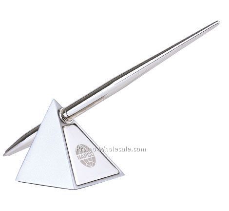 Pyramid 2-tone Silver Pen Stand With Pen