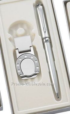 Silver Ball Point Pen With Silver Money Clip W/ Horseshoe Panel - 2 Piece G