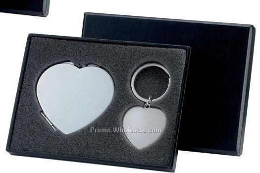 Silver Heart Compact Mirror & Silver Heart Key Ring With Gift Box