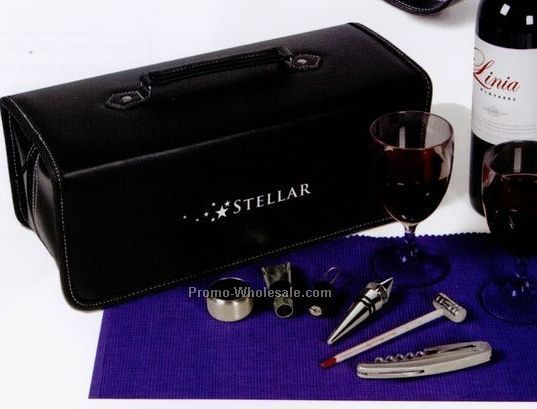 Wine Case With Goblets, Corkscrew, Thermometer, Stopper And Pour Spout