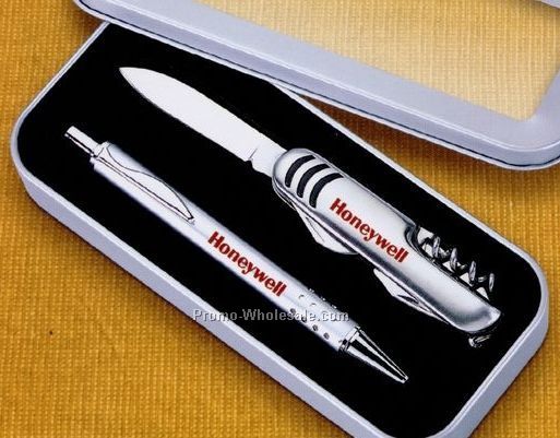 3-1/2"x1" Gift Set With Ballpoint Pen, Utility Knife, Corkscrew And Opener