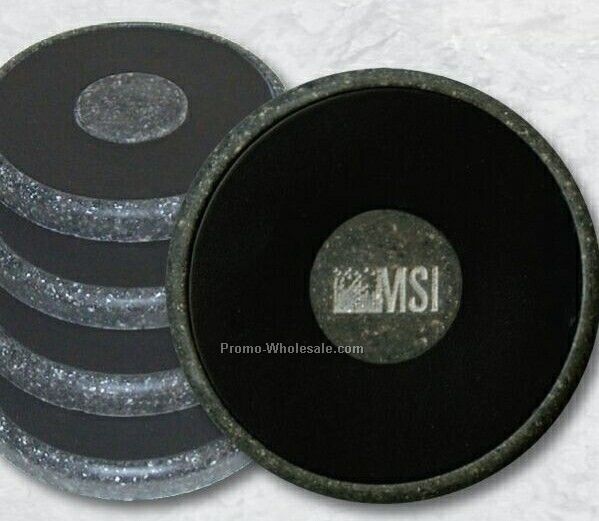 4" Medallion Coaster W/ Cast Stone Base & Leather Insert