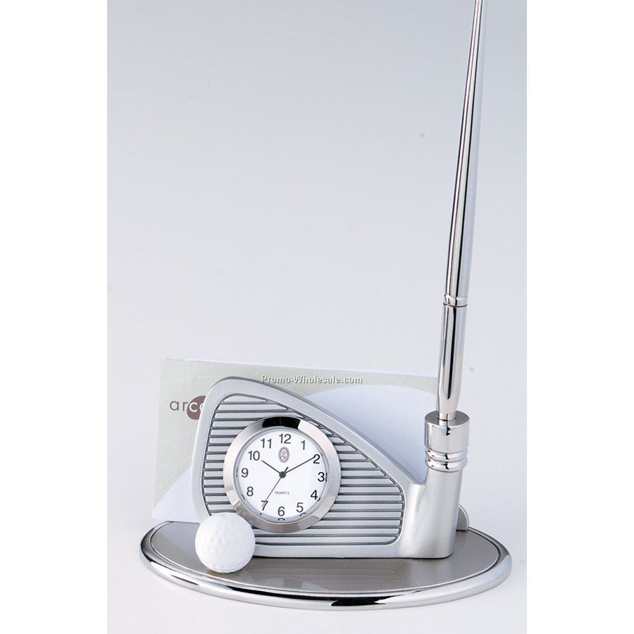 4-3/4"x8" Golf Club Shaped Pen & Business Card Holder W/ Clock