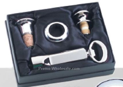 4 Piece Silver Metal Wine Set With Corkscrew, Stopper, Collar And Pourer