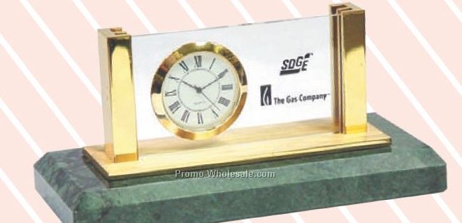 5-1/2"x2-1/2"x3/4" Brass/Acrylic Business Card Holder W/Marble Base & Clock